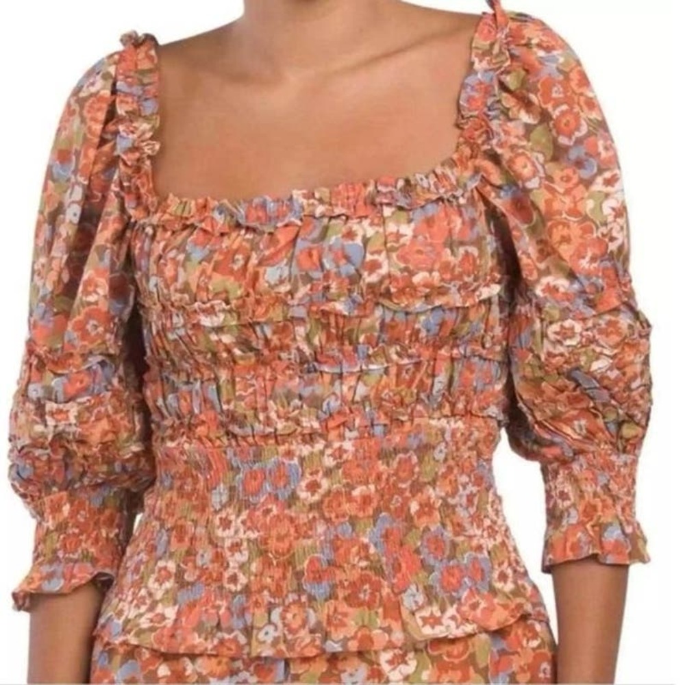 House of Harlow 1960 Womens Floral Boho Ruffle Neck Smocked Top Multicolor Sz XL